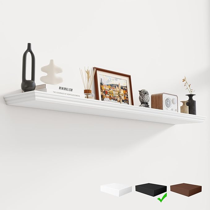 Fun Memories Floating Shelves 55 Inch Long, 9.3 Inch Deep Classic Crown Molding Floating Shelves for Wall, Rustic Wooden Shelves for Wall Decor Bathroom, Kitchen, Office, (White, 1Pack)