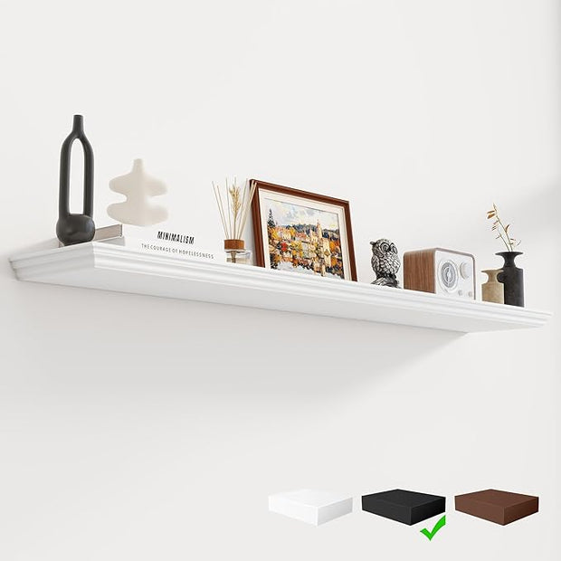 Fun Memories Floating Shelves 55 Inch Long, 9.3 Inch Deep Classic Crown Molding Floating Shelves for Wall, Rustic Wooden Shelves for Wall Decor Bathroom, Kitchen, Office, (White, 1Pack)
