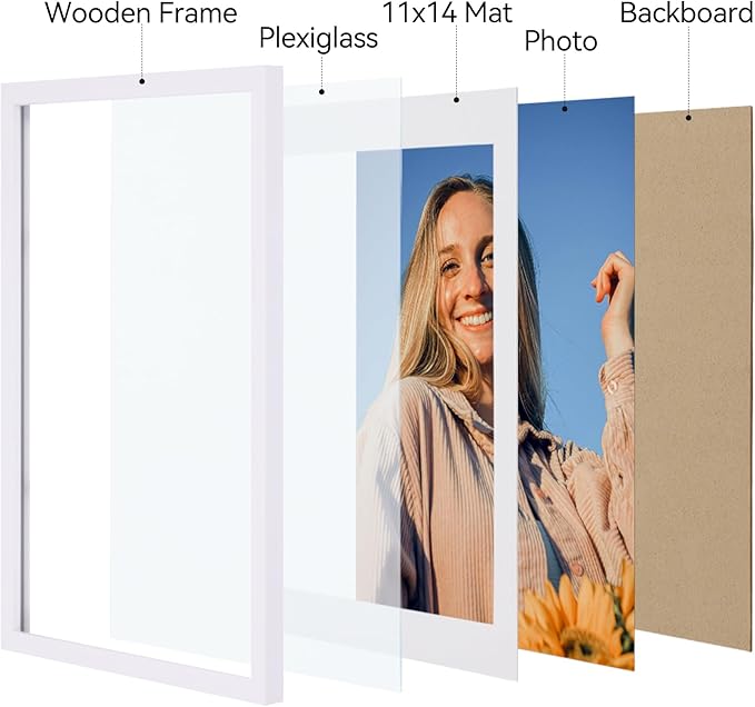 Vittanly 12x16 Picture Frames Set of 4, Display Pictures 11x14 with Mat or 12x16 without Mat, Gallery Frame for Wall Display, Engineered Wood with Shatter Resistant Plexiglass, White