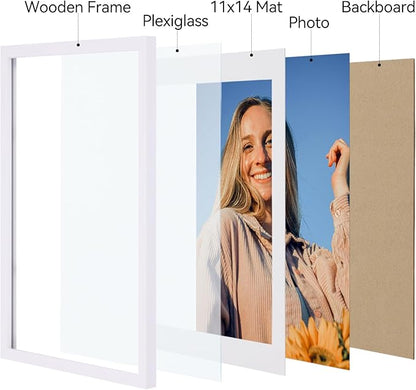 Vittanly 12x16 Picture Frames Set of 4, Display Pictures 11x14 with Mat or 12x16 without Mat, Gallery Frame for Wall Display, Engineered Wood with Shatter Resistant Plexiglass, White