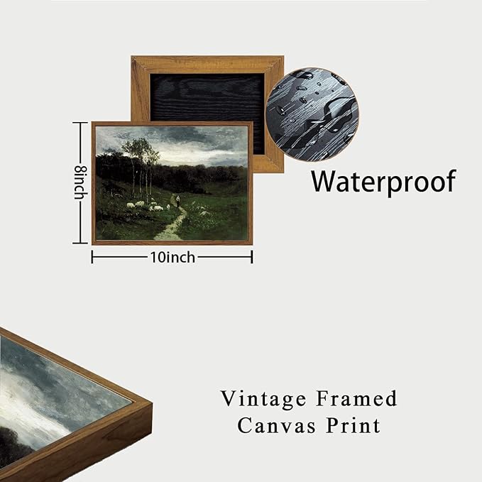 OIQArtOIQ Framed Vintage Landscape Wall Art Shepherd Natural Scenery Oil Painting Canvas Prints Country Farmhouse Aesthetic Decor Pictures for Kitchen Bedroom Living Room Bathroom