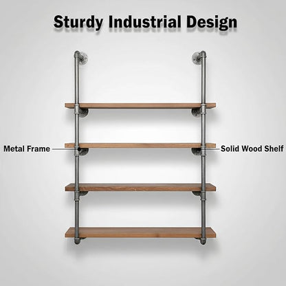 Industrial Wall Mounted Iron Floating Pipe Shelves/Shelving/Racks/Storage/Bookcases/Brackets, DIY Open Bookshelves, Retro Black (4-Tier Shelf Brackets with 3 Boards)