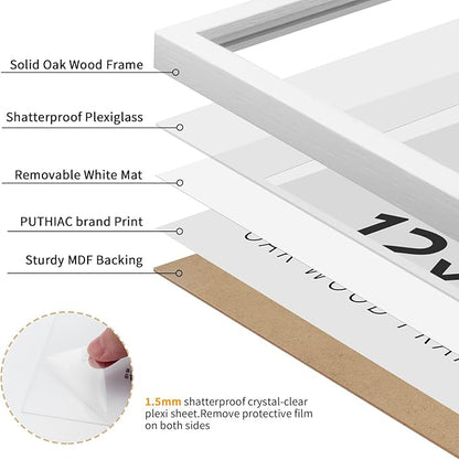 puthiac 12x12 Solid Oak Wood Picture Frame, Fits 8x8 with Mat or 12x12 Without Mat, Wall Display Only, Plexi Front, 3 Pack, White