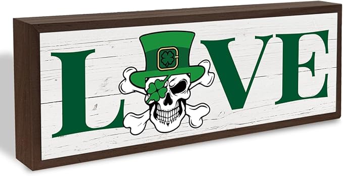 Shamrock Decors, Skeleton Bone Man Decor, Love Wooden Box Signs, Rustic Framed Wooden Box Sign, St. Patrick's Day Themed Decor for Cafe Shop Coffee Bar, 9.5x3.1x1 inches
