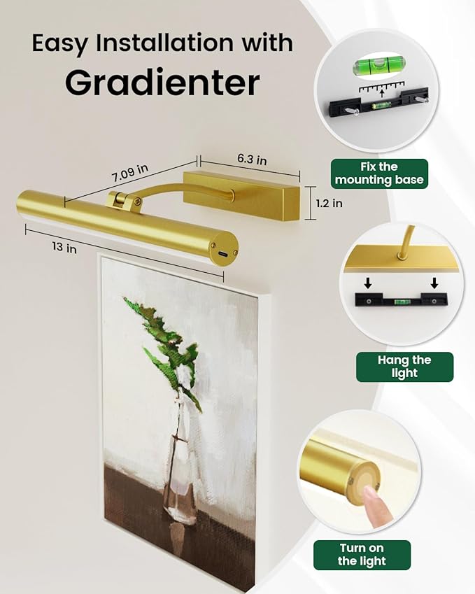 Bridika Picture Lights for Wall Battery Operated with Remote, 3 Color Modes and Dimmable Rechargeable Art Lights for Paintings, Gallery, Bedroom, Bathroom with Timer Gold 2