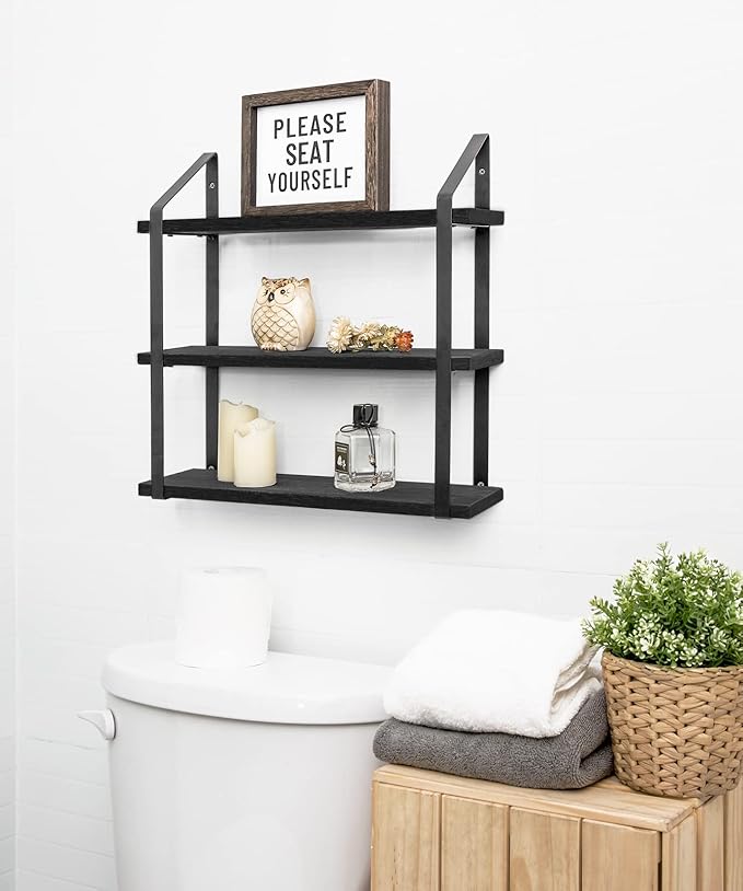 Mkono Floating Wall Shelves 3 Tier Rustic Hanging Shelf with Metal Bracket Wall Mount Wood Storage Display Shelves for Living Room Bathroom Bedroom Kitchen Office,Black