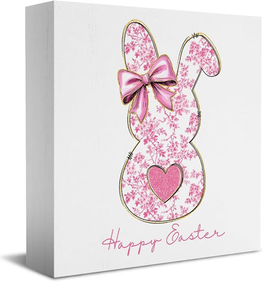 Pink Happy Easter Sign Easter Table Decor Bow Bunny Decor Blue And White Chinoiserie Decor Wooden Box Sign for Home Office Bedroom Living Room Desk Shelves