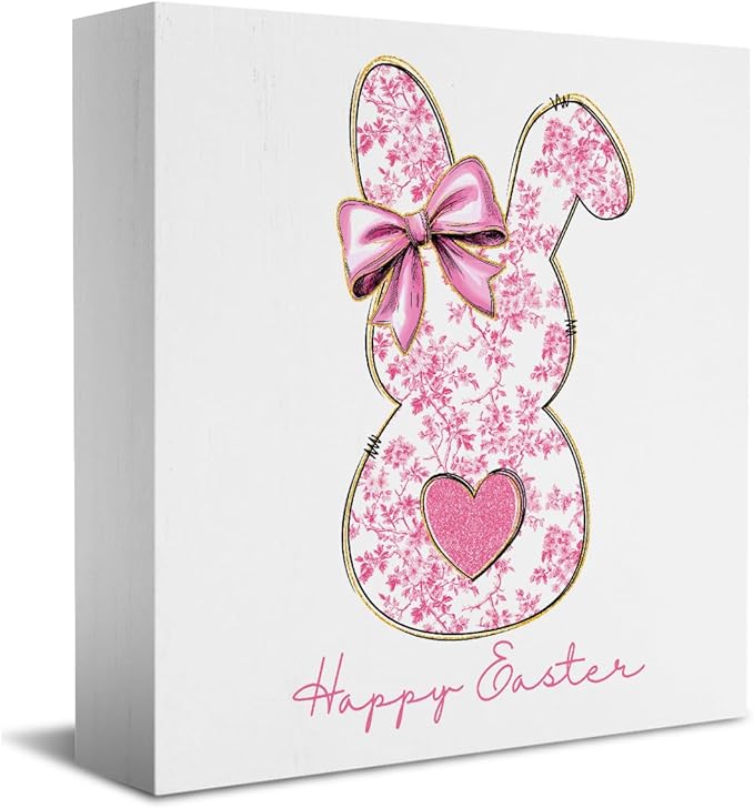 Pink Happy Easter Sign Easter Table Decor Bow Bunny Decor Blue And White Chinoiserie Decor Wooden Box Sign for Home Office Bedroom Living Room Desk Shelves
