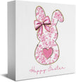 Pink Happy Easter Sign Easter Table Decor Bow Bunny Decor Blue And White Chinoiserie Decor Wooden Box Sign for Home Office Bedroom Living Room Desk Shelves