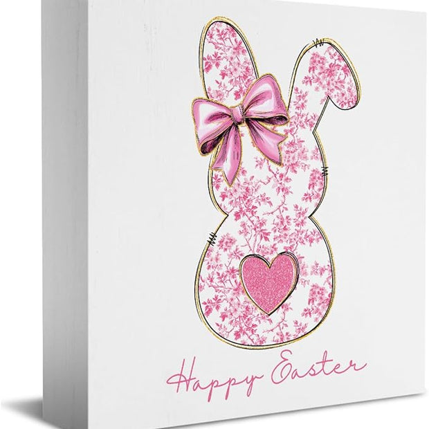 Pink Happy Easter Sign Easter Table Decor Bow Bunny Decor Blue And White Chinoiserie Decor Wooden Box Sign for Home Office Bedroom Living Room Desk Shelves