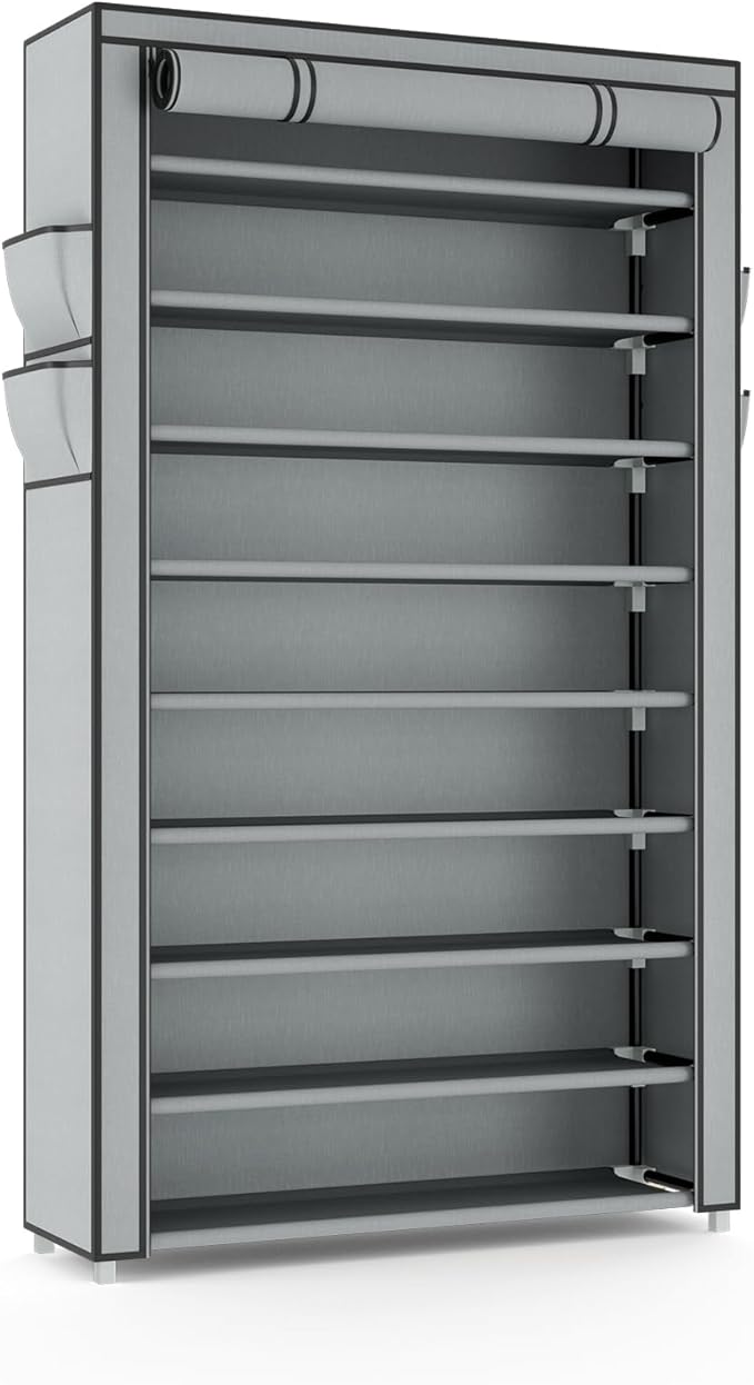 Shoe Rack with Cover Narrow Shoe Organizer with Pockets 10 Tier Tall Shoe Storage Holds 36-41 Pairs Shoes and Boots Shoe Rack for Closet Entryway Garage, Grey