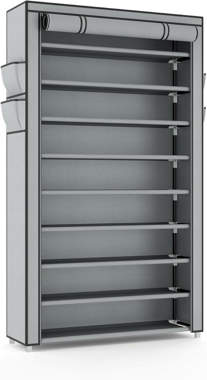 Shoe Rack with Cover Narrow Shoe Organizer with Pockets 10 Tier Tall Shoe Storage Holds 36-41 Pairs Shoes and Boots Shoe Rack for Closet Entryway Garage, Grey