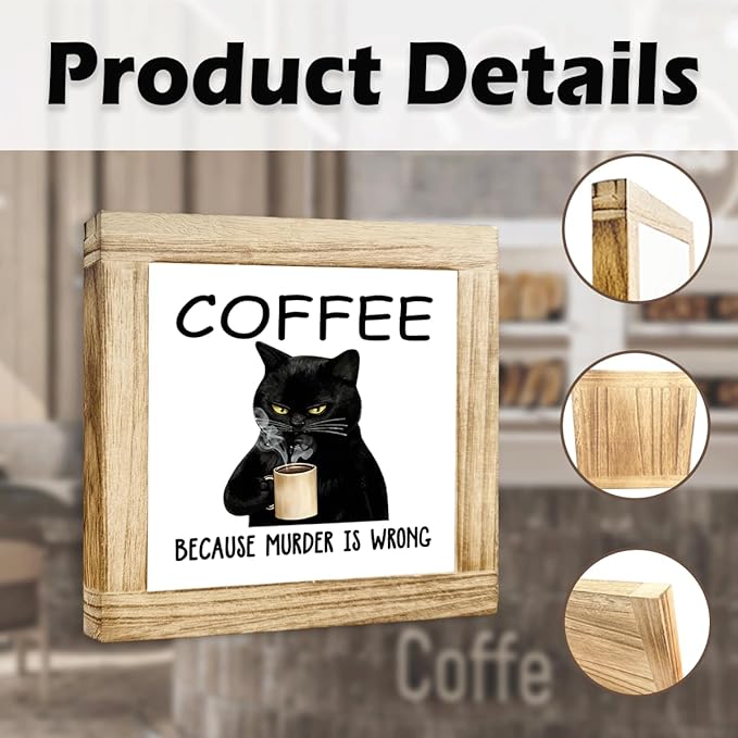 Funny Wood Coffee Sign Coffee Because Murder Is Wrong Humorous Coffees Sign Wall Art For Kitchen Office Bar Rustic Square Cafe Decor Plaque Coffees Themed Wall Decoration 5.9x5.9 Inch