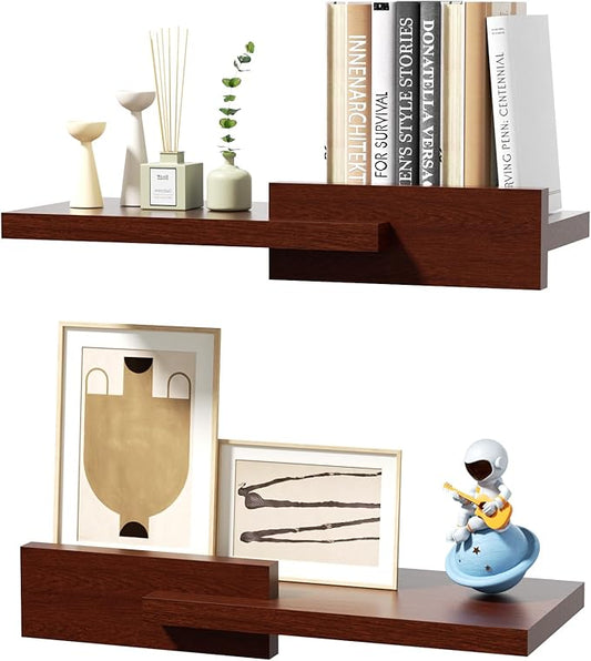 Floating Shelves for Wall, Set of 2 Rustic Wood 16 Inches Wall Mounted Shelves for Bathroom，Bedroom, Living Room &Kitchen, Heavy Duty Display Picture Ledge Shelf for Home Decor Storage Brown