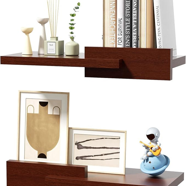 Floating Shelves for Wall, Set of 2 Rustic Wood 16 Inches Wall Mounted Shelves for Bathroom，Bedroom, Living Room &Kitchen, Heavy Duty Display Picture Ledge Shelf for Home Decor Storage Brown