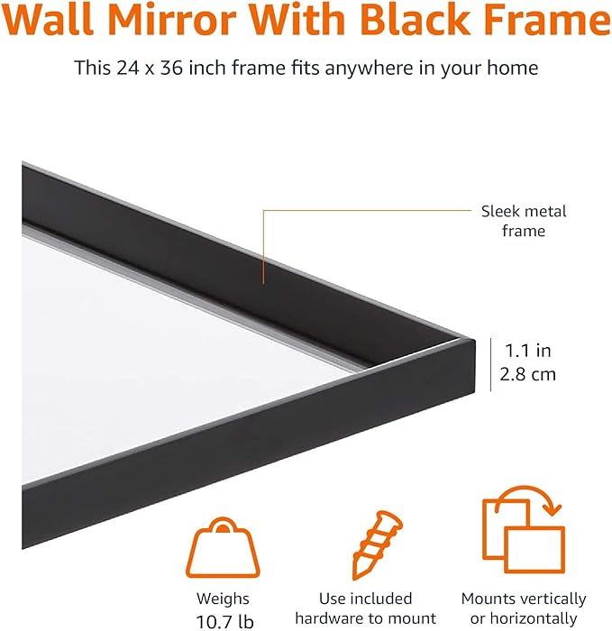 Amazon Basics Rectangular Wall Mount Mirror for Bedroom, Bathroom, Living Room, Entryway, 24