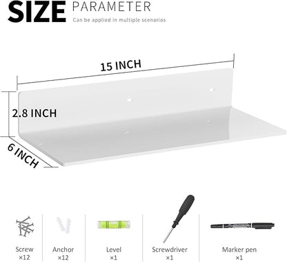 4 Pack White Acrylic Floating Shelves 15 Inches, Wall Hanging Bathroom Shelves, Wall Organizer Shelf for Kitchen, Living Room, Bathroom, Retail, Supermarket, 4 Pack