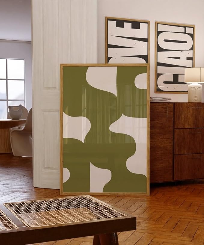 Nationcog Mid-Century Olive Green Beige Minimalist Art, Modern Wall Decor, Trendy Light Tones Easter Gift Home Accent Design (Unframed) (20x30)