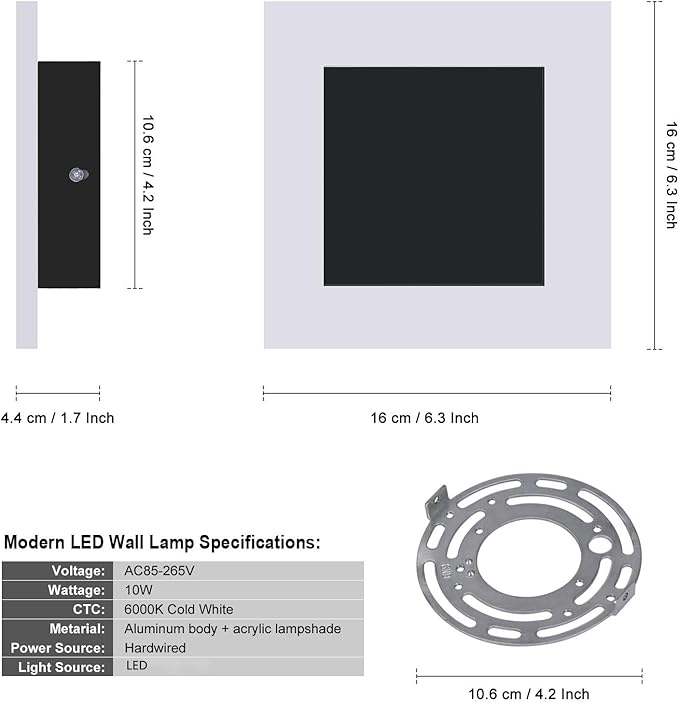 Kawell 10W Square Acrylic LED Wall Sconce Non-Dimmable Hardwired Black Wall Light Fixture for Bedroom, Living Room, Hallway Indoor Lighting, 6000K