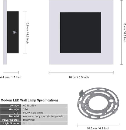 Kawell 10W Square Acrylic LED Wall Sconce Non-Dimmable Hardwired Black Wall Light Fixture for Bedroom, Living Room, Hallway Indoor Lighting, 6000K