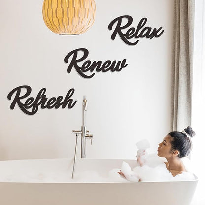 3 Pieces Bathroom Decor Wooden Bathroom Sign,Relax Renew Refresh Sign (Black-large)