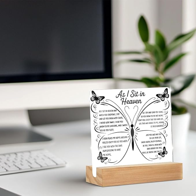 As I Sit In Heaven Acrylic Sign, Sympathy Memorial Grief Condolences Gifts for Women Friends Classmates Family Coworkers, Bereavement Gift Ideas,Sympathy Gifts for Loss of Loved One Desk Home Office