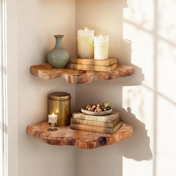 WELLAND Corner Floating Shelf Set of 2, Solid Cedar Wood 10.86 x 11.5 inches Floating Corner Shelves for Bedroom, Living Room, Bathroom, Kitchen