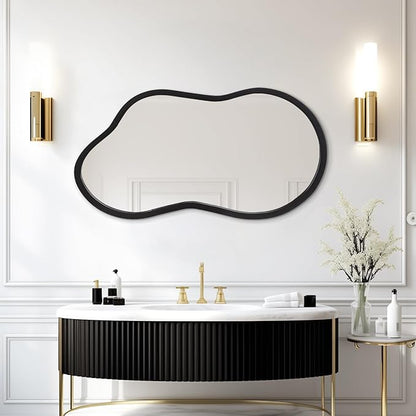 AAZZKANG Large Irregular Wall Mirror 26"x16" Black Asymmetrical Mirrors Modern Wood Frame for Bathroom Bedroom Living Room Entryway
