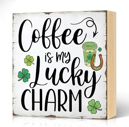 Coffee Is My Lucky Charm Wood Block Plaque Box Sign for Home Living Room Coffee House Bar Shelf Table Office Decoration, St. Patrick's Day Decor Gifts for Men Women Friend Family