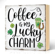 Coffee Is My Lucky Charm Wood Block Plaque Box Sign for Home Living Room Coffee House Bar Shelf Table Office Decoration, St. Patrick's Day Decor Gifts for Men Women Friend Family