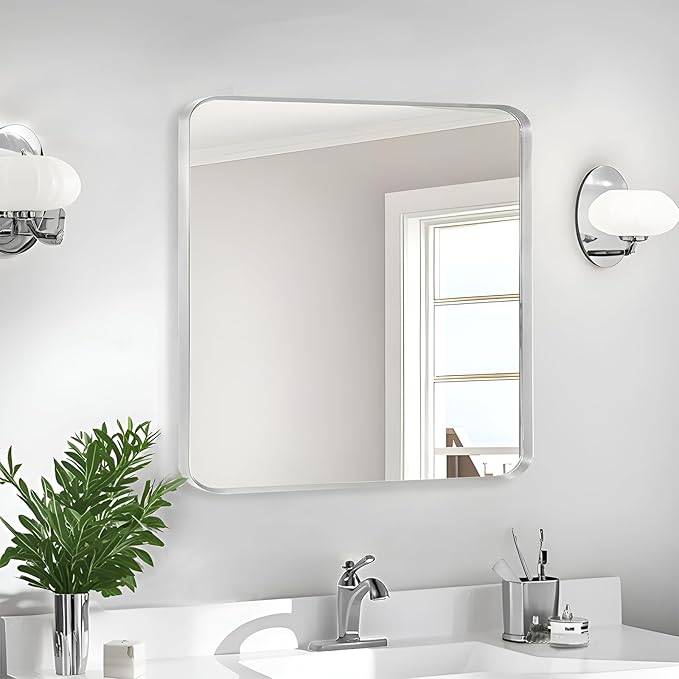 Wall Mount Mirror for Bathroom, Brush Silver Metal Framed Rounded Corner Square Rectangular Vanity Mirror (30