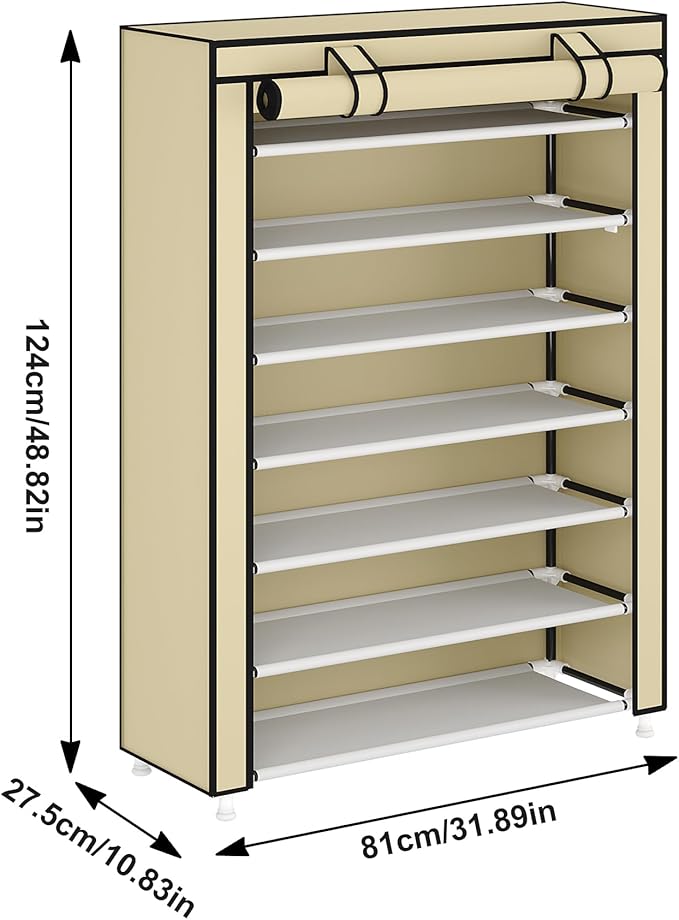 Laiensia 7-Tier Vertical Shoe Rack Organizer, Space Saving Shoe Storage Organizer, Non-Woven Cover Shoe Shelf Holds 28-35 Pairs for Bedroom, Hallway, Closet Entryway, Beige