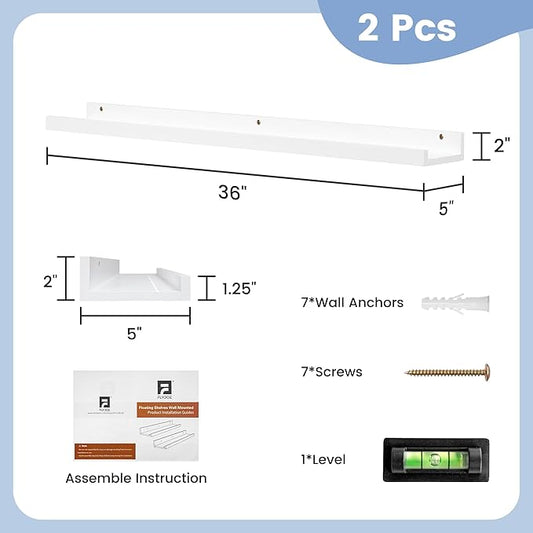 Picture Ledge Shelf for Wall, 36 inch Solid Pine Wood Nursery Book Shelves 2 Packs, Floating Ledge Shelves for Kids' Room Bedroom Bathroom Living Room Photo Frames Office Nursey Wall Decor, White