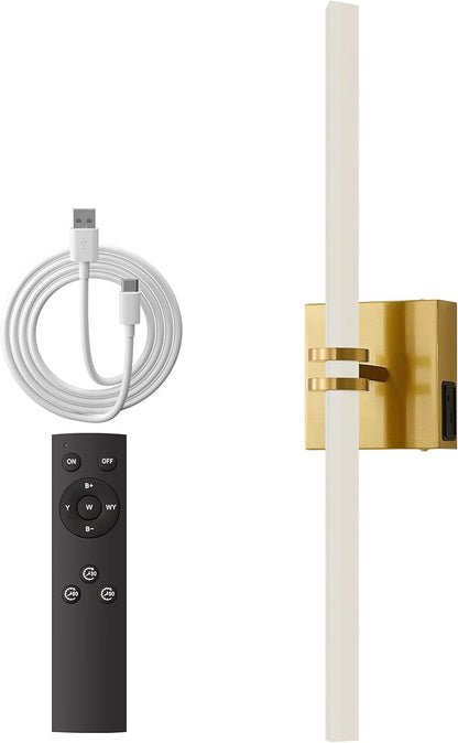 Battery Operated Wall Sconce 1Pack, Gold Rechargeable Wall Lights with Dimmable Remote Control, 22 Inch 3000K-6000K LED Wireless Wall Lamps for Bedroom, Hallway, Background Wall