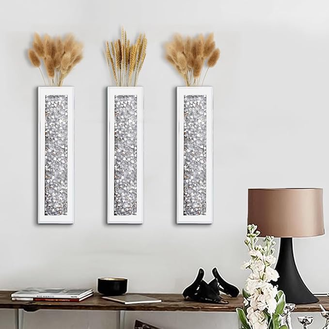 Silver wall Decor Mirrored Vase Set of 3,Crystal Crush Diamond Flower Vase,Stunning Decorative Glass Hanging Planter & Container for Home Wall Decor.Befit for Faux Plants.Can't Hold Water.