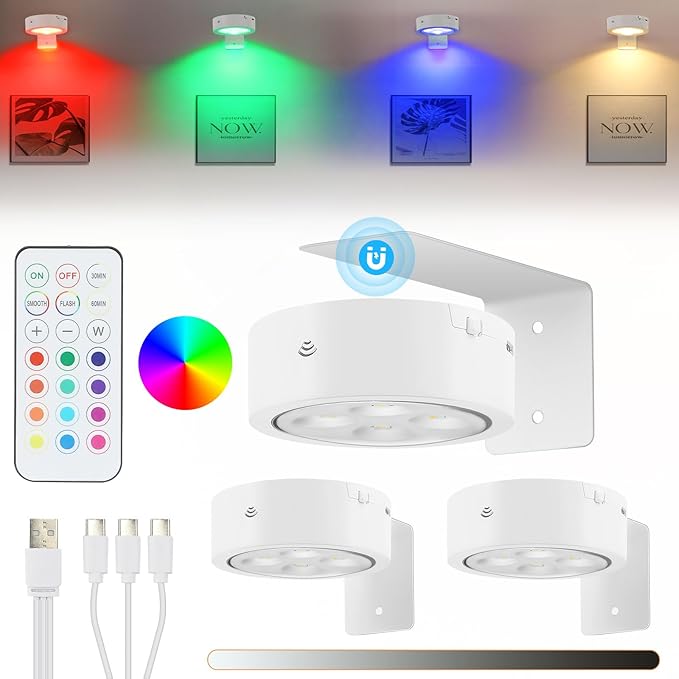 3Pcs Rechargeable Battery Picture Light,13 RGB Color Magnetic Wall Lights for Pictures with Remote Dimmable and Timer, Art Display Light for Paintings Battery Operated-RGB White