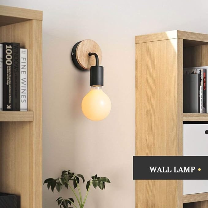 Vintage Loft Style Wooden Base Wall Lights Metal Lamp Minimalist Indoor Wall Sconces E26 Lamp Holder Lighting for Living Room Bedrooms (Bulb Sold Separately) (Black)