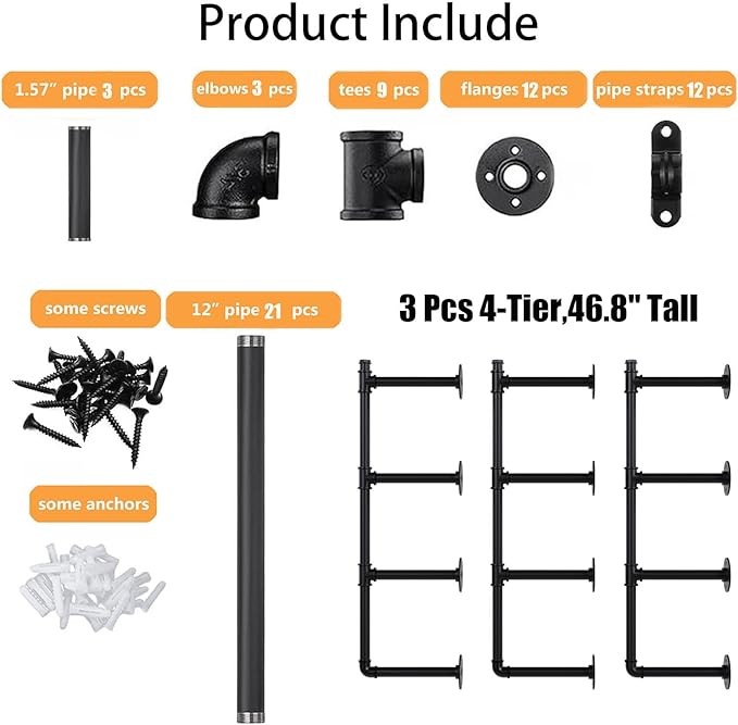 Industrial Pipe Shelf Brackets Wall Mount, Open Black Pipe Shelving for Kitchen,Floating Shelf Brackets Mount,Open Bookshelf Brackets for Shelves,Wall Shelves 12 Inch Deep,(2PcsX3Tier,47