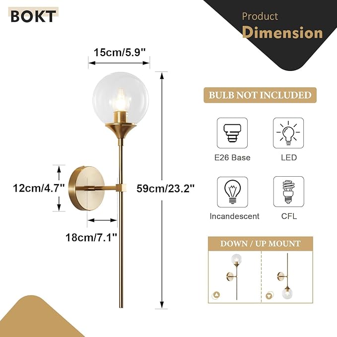 BOKT Glass Globe Wall Sconce Mid Century Modern Glod Wall Light Fixture Bedroom Bedside Bathroom Lighting Brushed Brass Long Pole Nordic Living Room Background Wall Lamp (Clear)