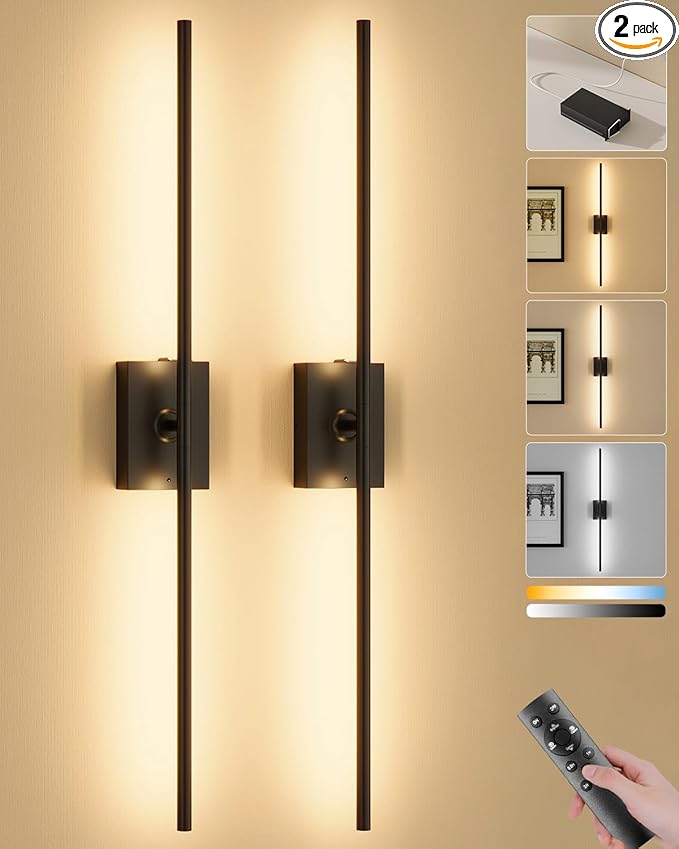 Ouyulong Battery Operated Wall Sconces Set of 2, 10000mAh Wireless Rechargeable 3000-6000K Dimmable 350° Rotate Wall Light with Remote for Living Room, Bedroom 27.6in Black