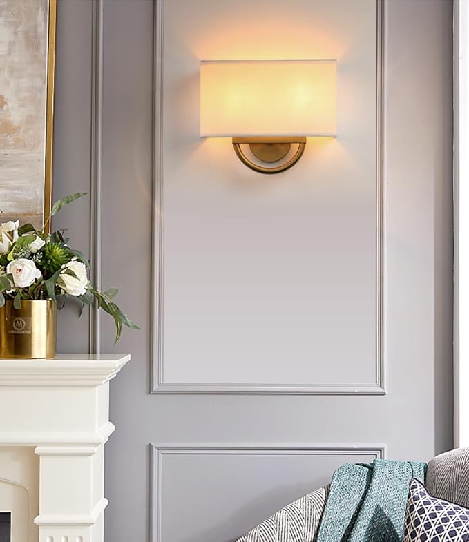 Yosoan White Fabric Cloth Boho Aged Brass Gold Wall Sconce Stairwell Fixture Light, 2-Light Indoor Hardwired Dual Vanity Wall Mount Vintage Antique Metal Base Lights Square Shade for Bedside Hallway