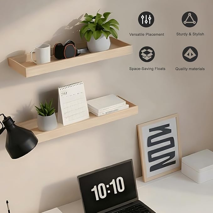 Floating Shelves for Wall, 15.7 Inch Picture Ledge with Raised Lip, Bathroom Shelves Over Toilet, Nursery Book Shelves, Kitchen Spice Rack, Wall Decor Display Ledge, Set of 2, Oak