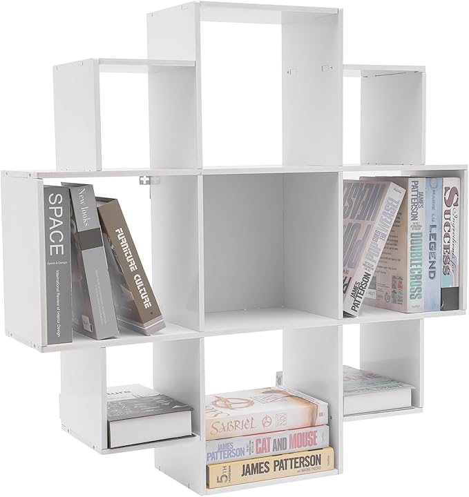 3-Tiers Wall Mounted Geometric Bookshelf, Morden Irregular Nine-Grid Bookshelf, 90cm Tall Decorative Display Shelf (White)
