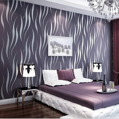Q QIHANG Simple Fashionable Non-Woven Wallpaper 3D Embossed Three-Dimensional Flocking Foaming Wave Stripes Bedroom Living Room TV Background Wall Shop Decoration20.87 Wx393.7 L Non-Pasted (Purple)