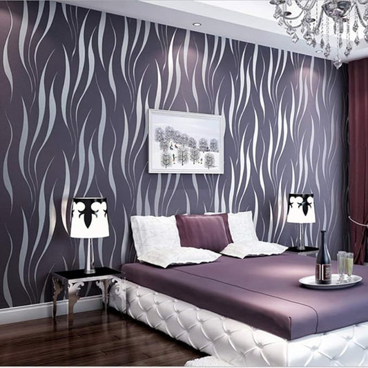 Q QIHANG Simple Fashionable Non-Woven Wallpaper 3D Embossed Three-Dimensional Flocking Foaming Wave Stripes Bedroom Living Room TV Background Wall Shop Decoration20.87 Wx393.7 L Non-Pasted (Purple)