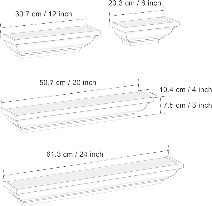 SRIWATANA Black Floating Shelves, Solid Wood Storage Wall Shelves Set of 4 Display Ledge Shelves Decor for Bedroom, Living Room, Bathroom, Kitchen - Black