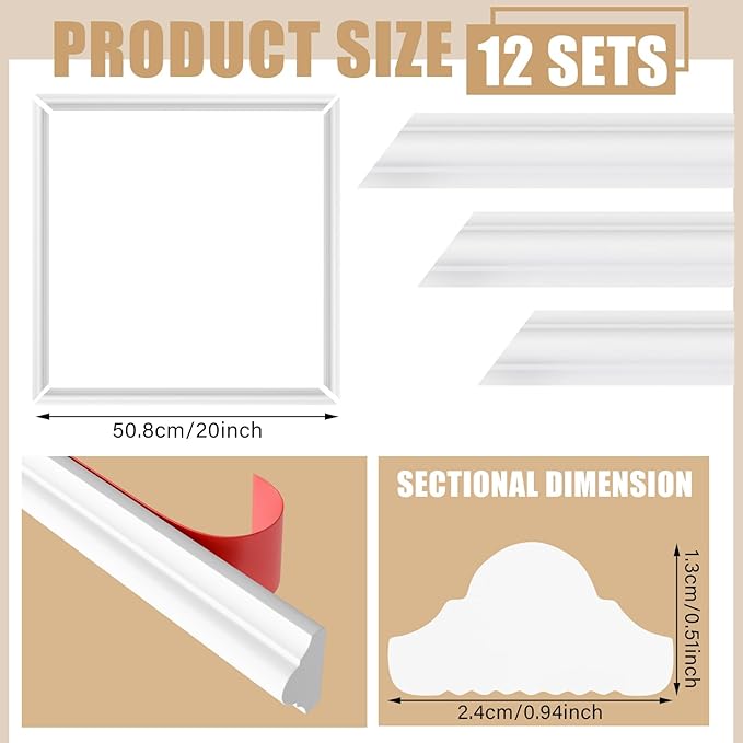 12 Set Accent Wall Molding Kit Premade Wainscoting Panels Wall Molding Peel and Stick Panel White Pre Cut Trim for Walls Picture Frame Molding for Home Decoration(20 x 20 Inch)