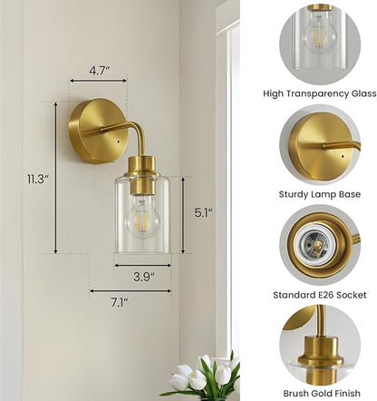Battery Operated Wall Sconce Set of Two - Dimmable Wireless Sconces Set of 2 with Remote Control, Cordless Rechargeable Gold Wall Lights 3000K Modern wall lamp for Bathroom Bedroom Living Room