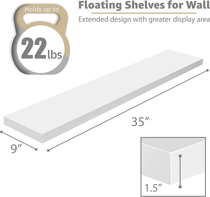 Sorbus Floating Shelves for Wall - 35 Inch Long Bathroom Shelves, Wall Decor for Bedroom, Kitchen, Living Room & Book Storage - Mounted Floating Shelf with Invisible Brackets (White, 2 Pack) | Long Wall Shelves, for Bedroom, Kitchen, Living Room, Bathr...
