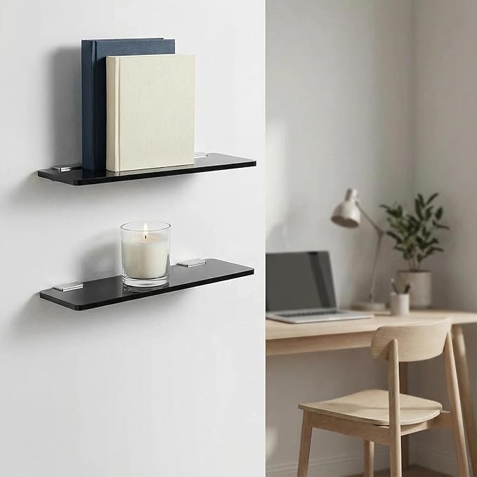 iobiotio Small Floating Shelves, Black Decoration Display Floating Shelves for Wall, Acrylic Show Room Exhibition Shelf, 8x4 inch, 2 Pcs